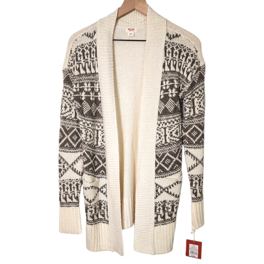 Mossimo Womens Medium Open Front Aztec Pattern Print Cardigan Cream NEW